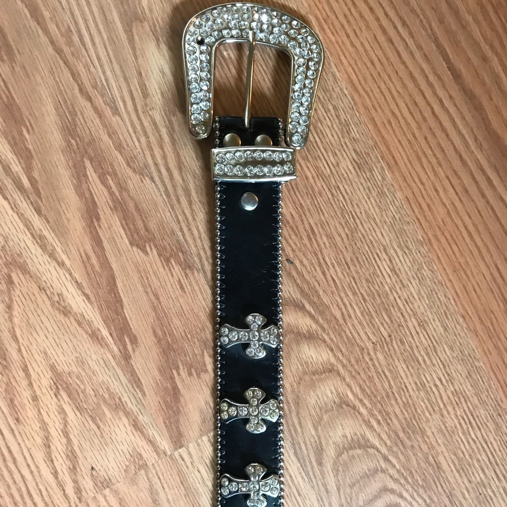 Black leather belt with rhinestones